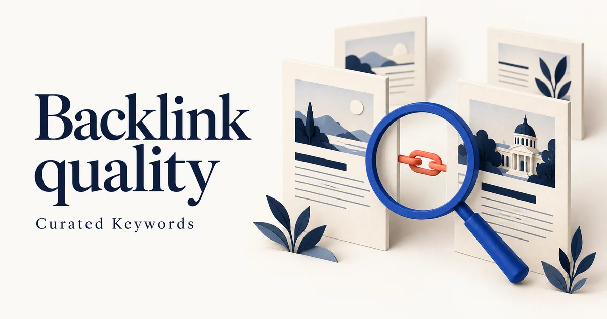 Backlink quality cover with a cobalt magnifying glass examining a coral link between ivory publication cards.