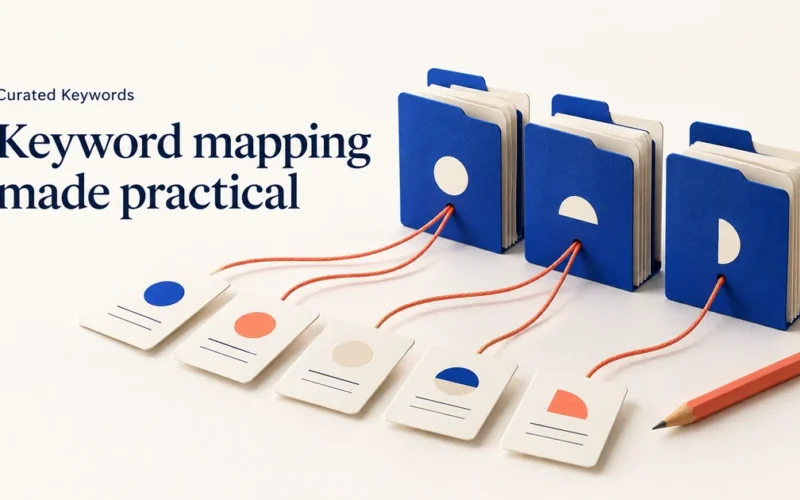 Keyword mapping cover with cobalt content folders, ivory topic cards, coral connecting threads, and a coral pencil.