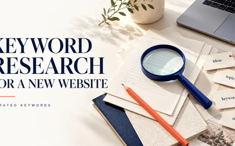 Keyword research for a new website cover with a cobalt magnifying glass, research notes, and a coral pencil.