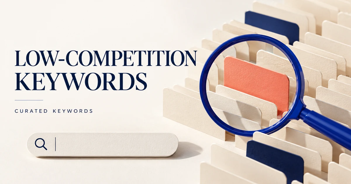 Low-competition keywords cover with a cobalt magnifying glass highlighting one coral card among ivory cards.
