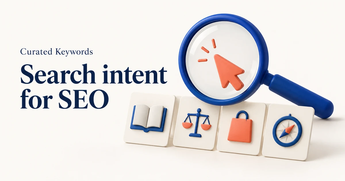 Search intent for SEO cover with a cobalt magnifying glass, a coral pointer, and four cards representing learning, comparing, buying, and navigation.