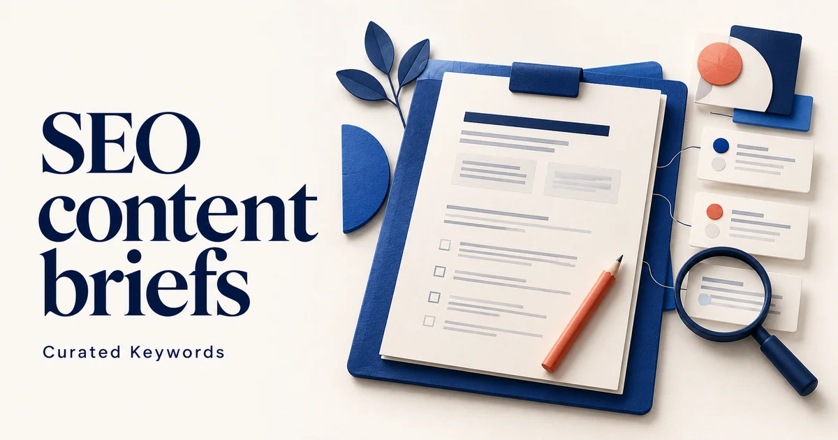 SEO content briefs cover with an ivory brief on a cobalt folio, coral pencil, evidence cards, and a magnifying glass.